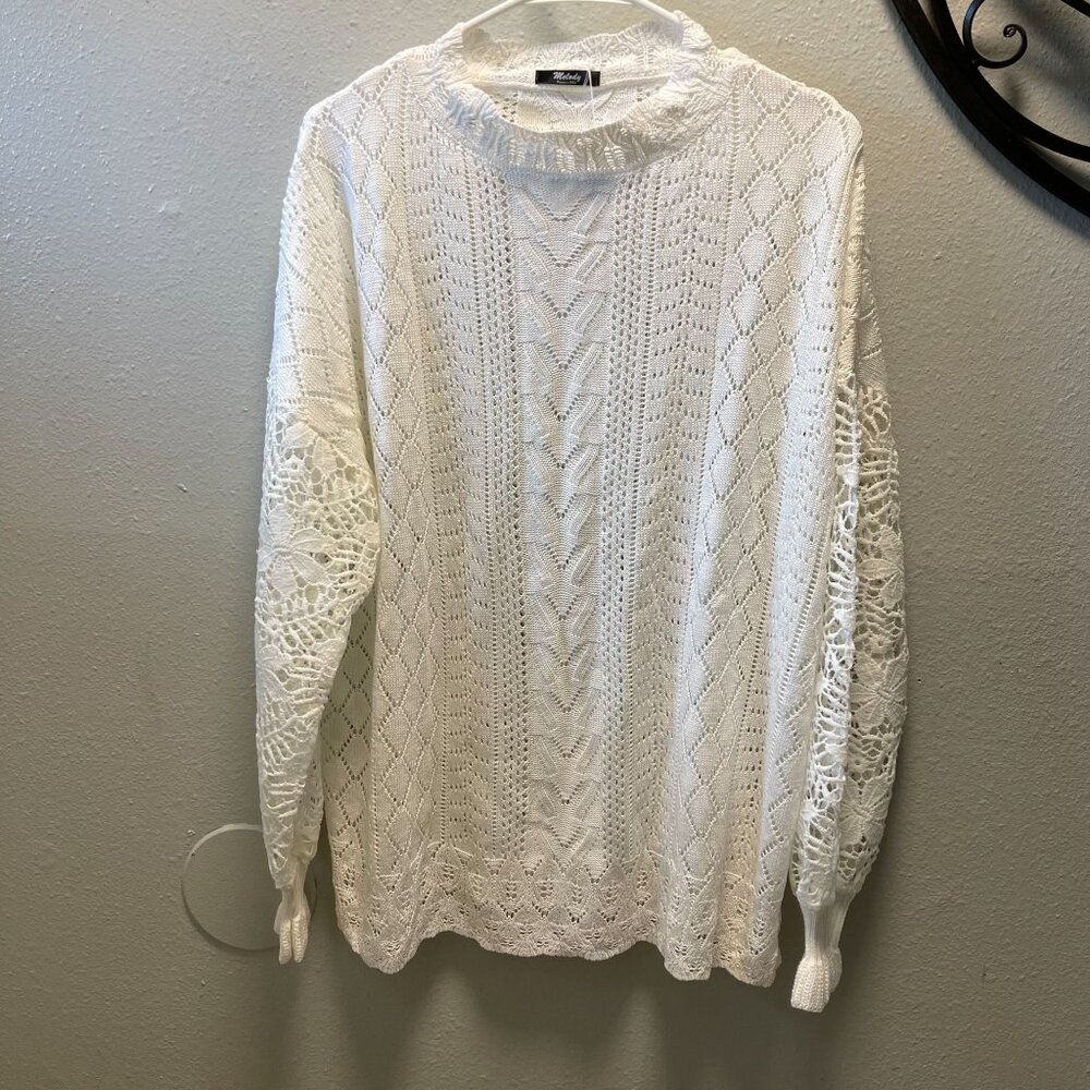 Melody Womens White Long Sleeve Knit Crochet Sweater XL  Pullover‎